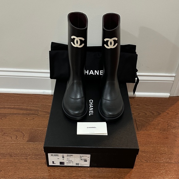 CHANEL Shoes - CHANEL Black Rain Boots with White CC Emblem Rare 36 BNIB Dustbags